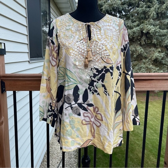 Soft Surroundings Vigne Tropical Yellow Black Shell Tunic Blouse Pearl Sz Small - Picture 3 of 10